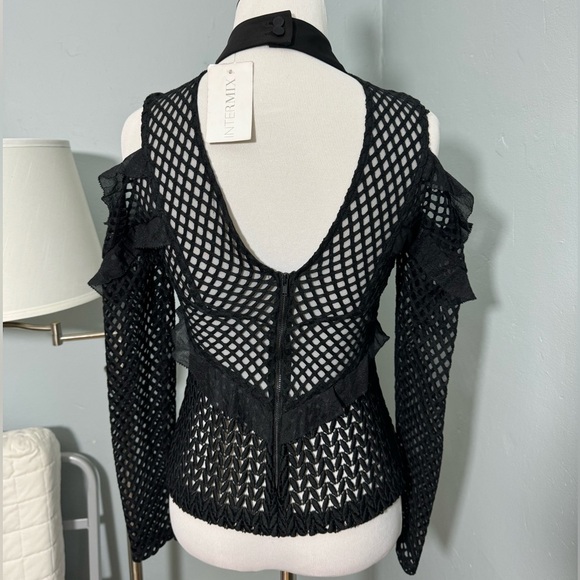 Self Portrait Purl Knit Long Sleeve Black Top Sheer Mesh Sleeve - Picture 3 of 7